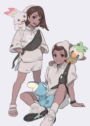 Rule 34 | 1boy, 1girl, alternate costume, arm support, bag, beanie, blush, bracelet, brown hair, buttons, closed mouth, commentary request, creatures (company), game freak, gen 8 pokemon, gloria (pokemon), grookey, hands in pockets, hat, highres, hood, hoodie, jewelry, korean commentary, mikripkm, nintendo, open mouth, pokemon, pokemon (creature), pokemon swsh, sandals, scorbunny, shirt, shoes, short hair, short sleeves, shorts, simple background, sitting, sleeves past elbows, smile, sobble, standing, starter pokemon trio, teeth, toes, tongue, upper teeth only, victor (pokemon), white background, white footwear, white headwear, white shorts