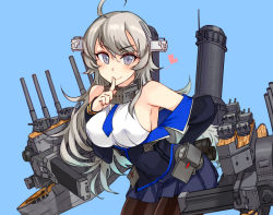 Rule 34 | 1girl, ahoge, bare shoulders, black jacket, black pantyhose, blue background, blue necktie, cannon, commentary request, cowboy shot, finger to mouth, grey eyes, headgear, jacket, kantai collection, kusanagi tonbo, leaning forward, long hair, looking at viewer, machinery, military, military uniform, necktie, off shoulder, pantyhose, pleated skirt, shirt, silver hair, simple background, skirt, sleeveless, sleeveless shirt, solo, standing, turret, uniform, washington (kancolle), white shirt, white skirt