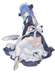 Rule 34 | ass, blue eyes, blush, broken, broken cup, closed mouth, cup, frills, garter straps, hair over one eye, high heels, horns, kurumi (recycllamo), looking at viewer, looking back, maid, maid headdress, original, plate, puffy sleeves, red eyes, simple background, solo, thighhighs, white background