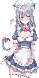 Rule 34 | 1girl, absurdres, alter (kxk7357), animal ear fluff, apron, blue archive, blue dress, blue eyes, blush, breasts, cleavage, cross hair ornament, dress, extra ears, frilled apron, frills, garter straps, grey hair, hair ornament, halo, heart, highres, long hair, looking at viewer, maid, maid headdress, medium breasts, mismatched pupils, puffy sleeves, shiroko (blue archive), simple background, solo, spoken heart, thighhighs, waist apron, white apron, white background, white thighhighs