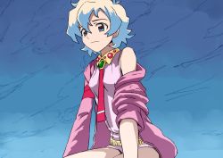 Rule 34 | 00s, 1girl, bare shoulders, blue background, blue hair, blush, brooch, earrings, gem, highres, jewelry, multicolored hair, nia teppelin, roony, shawl, short hair, simple background, sitting, smile, solo, tengen toppa gurren lagann, thighs, two-tone hair