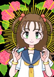 Rule 34 | 1girl, black background, brown hair, closed mouth, cosmetics, flower, fujishima moyu, gold bracelet, gold necklace, green eyes, hair bobbles, hair ornament, highres, holding, holding lipstick tube, jewelry, lipstick tube, long hair, looking at viewer, neckerchief, necklace, original, pink flower, sailor collar, school uniform, shirt, signature, smile, solo, t-shirt, upper body, very long hair, white shirt, yellow neckerchief
