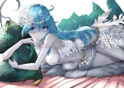 Rule 34 | 1girl, bad id, bad pixiv id, bare shoulders, blue eyes, blue hair, blush, breasts, closed mouth, collarbone, eyes visible through hair, hair between eyes, hair ornament, hug, kanaria hisagi, large breasts, long hair, looking at viewer, lying, navel, hugging object, on side, pillow, pillow hug, puzzle &amp; dragons, smile, snowflakes, solo