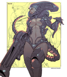 Rule 34 | 1girl, alien (1979), alien (1979), alien (series), arm cannon, armor, borrowed design, breasts, center opening, cleavage, commentary, commission, crossover, english commentary, helmet, huge weapon, lips, medium breasts, navel, personification, rejean dubois, science fiction, solo, tail, thunder hoop 2: th strikes back, twitter username, weapon, white hair, xenomorph, zoom layer