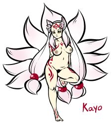 Rule 34 | 1girl, animal ears, bald spot, breasts, character name, cubesona, dark nipples, facial tattoo, female pubic hair, forehead, fox ears, fox tail, highres, kayo (pyorno), kitsune, large breasts, long hair, low-tied long hair, medium breasts, multiple tails, nipples, nude, original, plump, pubic hair, sidelocks, simple background, slit pupils, solo, standing, standing on one leg, tail, tan, tattoo, twintails, uncensored, very long hair, white background, white hair, yellow eyes