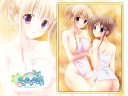 Rule 34 | 00s, 2girls, arm support, ass, atelier kaguya, bare shoulders, bent over, blonde hair, blue eyes, blush, breast hold, breasts, brown hair, choco chip, cleavage, clothing aside, copyright name, covered erect nipples, covering privates, covering breasts, feet out of frame, female focus, game cg, hair between eyes, hair bun, hair ornament, hairclip, hairpin, hand on own chest, highres, japanese clothes, large breasts, lips, long hair, looking at viewer, miko, multiple girls, nipples, nude, off shoulder, onsen, open mouth, purple eyes, sara sara sasara, shade, shirotae aya, shirotae mahiru, siblings, single hair bun, sister, sisters, sitting, smile, soaking feet, stomach, thighs, tongue, towel, wallpaper, water, water surface, wet, zoom layer