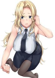 Rule 34 | 1girl, all fours, black necktie, black pantyhose, black skirt, blonde hair, blue eyes, blush, breasts, commentary request, grey shirt, hornet (kancolle), kantai collection, kuurunaitsu, large breasts, long hair, looking at viewer, necktie, pantyhose, parted lips, shirt, simple background, skirt, sleeveless, sleeveless shirt, solo, white background