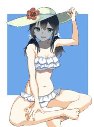 Rule 34 | 1girl, aquna, arm up, bikini, black hair, blue background, breasts, cleavage, flower, frilled bikini, frills, green eyes, hair between eyes, hand on headwear, hand on leg, hat, hibiscus, highres, indian style, long hair, looking at viewer, low twintails, medium breasts, navel, open mouth, original, simple background, sitting, smile, solo, straw hat, swimsuit, teeth, twintails, two-tone background, white background, white bikini
