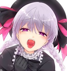 Rule 34 | 10s, 1girl, bad id, bad pixiv id, black gloves, blush, fate/extra, fate/grand order, fate (series), gloves, hat, long hair, migihiko, nursery rhyme (fate), open mouth, oral invitation, purple eyes, short hair, silver hair, smile, solo