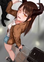 Rule 34 | 1girl, absurdres, blush, brown hair, converse, from above, highres, horns, original, oshin0 (zheng), rolling suitcase, shorts, solo focus, suitcase, yellow eyes