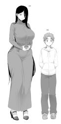 Rule 34 | 1boy, 1girl, absurdres, breasts, curvy, duplicate, full body, greyscale, hair behind ear, hair over one eye, hands in pockets, hatching (texture), height difference, high heels, highres, hood, hoodie, large breasts, long hair, long skirt, looking at viewer, looking to the side, mature female, monochrome, nakamura regura, original, pants, pixel-perfect duplicate, shoes, short hair, skirt, sneakers, standing, tall female, very long hair