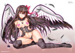 Rule 34 | 10s, 1girl, akemi homura, akuma homura, arm support, bare shoulders, black gloves, black hair, black panties, black thighhighs, bow, breasts, cameltoe, covered erect nipples, dark orb (madoka magica), detached collar, elbow gloves, feathers, full body, gloves, hair bow, hairband, heart pasties, long hair, looking at viewer, mahou shoujo madoka magica, mahou shoujo madoka magica: hangyaku no monogatari, md5 mismatch, navel, oni-noboru, panties, pasties, pink eyes, red hairband, revision, smile, solo, soul gem, spoilers, thighhighs, underwear, wings