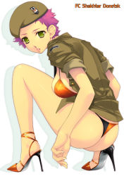 1girl ass bad_id bad_pixiv_id beret bikini fc_shakhtar_donetsk female_focus green_eyes hat high_heels military military_uniform open_clothes open_shirt orange_bikini original personification purple_hair shirt shoes short_hair sleeves_rolled_up soccer solo squatting swimsuit thong thong_bikini yoko_juusuke