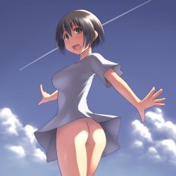 Rule 34 | 1girl, :d, aaaa (quad-a), ass, bad id, bad pixiv id, black hair, blush, bottomless, breasts, brown eyes, cloud, contrail, cowboy shot, day, dress, female focus, happy, highres, large breasts, looking back, no panties, no pants, open mouth, original, outdoors, shooting star, short hair, sky, smile, solo, standing
