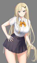 Rule 34 | 1girl, aged down, black skirt, blonde hair, blouse, bow, bowtie, breasts, counter:side, dolsig ilangnolja, green eyes, grey background, hair ornament, hairclip, hand on own hip, highres, holding, holding own hair, long hair, looking at viewer, miniskirt, orange bow, orange bowtie, school uniform, see-through, see-through shirt, shirt, skirt, smile, thighs, very long hair, white shirt