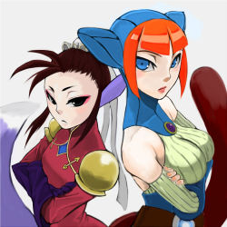 Rule 34 | animal ears, animal hood, bare shoulders, black hair, breath of fire, breath of fire iv, breath of fire v, brown hair, bun cover, capcom, cat ears, cat hood, cat tail, crossover, elbow gloves, eyeshadow, fingerless gloves, gloves, hair bun, hood, lin, lin (breath of fire), makeup, multiple girls, nyantiu, orange hair, single hair bun, tail, ursula (breath of fire)