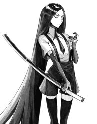 Rule 34 | 1girl, absurdres, black hair, bort, character request, copyright request, greyscale, highres, houseki no kuni, katana, long hair, makeup, monochrome, necktie, shorts, simple background, socks, solo, suspenders, sword, very long hair, weapon, white background, yonq98