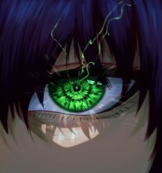 Rule 34 | 1boy, absurdres, artist name, blue lock, close-up, commentary, crain1art, eye focus, green eyes, highres, light trail, looking at viewer, male focus, oliver aiku, purple hair, solo