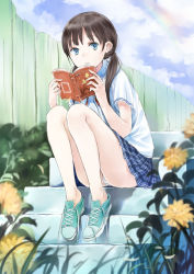 Rule 34 | 1girl, absurdres, bad id, bad pixiv id, blue eyes, book, fence, flower, highres, low twintails, maigoyaki, panties, pantyshot, shoes, sitting, sitting on stairs, skirt, sky, sneakers, solo, stairs, twintails, underwear, upskirt
