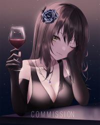 Rule 34 | 1girl, ;), alcohol, bare shoulders, black dress, black flower, black gloves, black rose, blush, breasts, brown hair, cleavage, closed mouth, collarbone, commission, cup, dark background, dress, drinking glass, elbow gloves, flower, gloves, gradient background, hair flower, hair ornament, hand on own cheek, hand on own face, highres, holding, holding cup, jewelry, large breasts, light particles, long hair, looking at viewer, necklace, one eye closed, original, partially fingerless gloves, rose, sleeveless, sleeveless dress, smile, solo, table, turbulence, upper body, wine, wine glass, yellow eyes