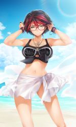 Rule 34 | 1girl, :d, absurdres, armpits, arms up, ashley rosemarry, beach, bikini, black bikini, black hair, blue sky, blush, breasts, clothes writing, cloud, contrapposto, cowboy shot, day, earrings, eyebrows, freckles, glasses, grin, highres, jewelry, kopianget, lens flare, lips, medium breasts, multicolored hair, navel, necklace, ocean, open mouth, outdoors, pendant, red-framed eyewear, red hair, ring, sarong, short hair, sky, smile, solo, standing, stayblack, stomach, stud earrings, swimsuit, tattoo, teeth, thighs, tsurime, two-tone hair, underboob, water, wristband