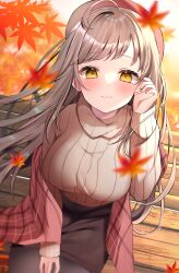 Rule 34 | 1girl, ahoge, autumn, autumn leaves, bad hands, beret, black pantyhose, blurry, blurry background, blush, brown sweater, commentary request, depth of field, dot nose, dutch angle, hamico, hat, highres, leaf, light brown hair, long hair, long sleeves, looking at viewer, maple leaf, orange eyes, original, outdoors, pantyhose, parted lips, pencil skirt, plaid, red hat, ribbed sweater, skirt, solo, sweater, teeth