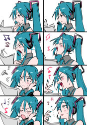 Rule 34 | ..., 1girl, absurdres, blue hair, blue necktie, blush, collared shirt, confused, detached sleeves, fujita (umeeda fuji), grey shirt, hatsune miku, headset, highres, long hair, musical note, necktie, open mouth, shirt, sleeveless, sleeveless shirt, smile, smug, squiggle, sweatdrop, thinking, twintails, v-shaped eyebrows, vocaloid, white background