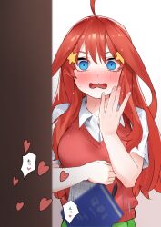 Rule 34 | 1girl, ahoge, amog, blue eyes, blush, book, breasts, collared shirt, commentary request, embarrassed, eyebrows hidden by hair, falling books, full-face blush, go-toubun no hanayome, hair between eyes, hair ornament, hair spread out, hand up, heart, highres, holding, holding book, large breasts, long hair, looking at viewer, motion blur, nakano itsuki, open mouth, paid reward available, red hair, red sweater vest, school uniform, shirt, sidelocks, simple background, solo, speech bubble, star (symbol), star hair ornament, surprised, sweat, sweater vest, v-shaped eyebrows, very long hair, voyeurism, wavy mouth, white background, white shirt, wide-eyed