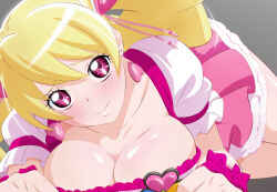 Rule 34 | 1girl, blonde hair, breast press, breasts, cleavage, closed mouth, cure peach, earrings, fresh precure!, fuchi (nightmare), hair ornament, heart, heart earrings, heart hair ornament, jewelry, large breasts, light blush, long hair, looking at viewer, magical girl, momozono love, pink eyes, precure, puffy short sleeves, puffy sleeves, short sleeves, solo, twintails