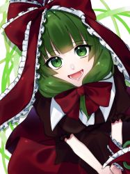 Rule 34 | 1girl, bow, breasts, brown dress, collared dress, commentary request, dress, eringi (rmrafrn), eyes visible through hair, frills, green background, green eyes, green hair, hair bow, highres, kagiyama hina, looking at viewer, looking up, medium breasts, medium hair, open mouth, puffy short sleeves, puffy sleeves, red bow, red dress, short sleeves, smile, solo, teeth, tongue, touhou, white background
