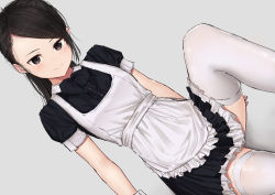 Rule 34 | 1girl, akipeko, apron, black dress, black hair, blush, commentary request, dress, frills, grey background, highres, long hair, looking at viewer, maid, maid apron, original, short sleeves, simple background, smile, solo, thighhighs, white apron, white thighhighs, wrist cuffs