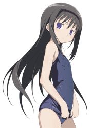Rule 34 | 10s, 1girl, akemi homura, black hair, blue one-piece swimsuit, blush, clothes pull, cowboy shot, female focus, flat chest, from below, hair ornament, hairband, long hair, looking at viewer, mahou shoujo madoka magica, moritan, old school swimsuit, one-piece swimsuit, one-piece swimsuit pull, purple eyes, school swimsuit, simple background, skindentation, smile, solo, standing, swimsuit, tsurime, white background