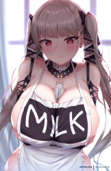 Rule 34 | 1girl, apron, azur lane, between breasts, blush, breasts, cleavage, dearonnus, detached sleeves, formidable (azur lane), grey hair, hair ribbon, highres, indoors, lactation, lactation through clothes, large breasts, long hair, looking at viewer, naked apron, red eyes, ribbon, solo, twintails, two-tone ribbon, very long hair