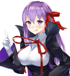Rule 34 | 1girl, :q, bb (fate), bb (fate/extra), black coat, black skirt, blush, closed mouth, coat, fate/extra, fate (series), fumikiri, gloves, hair ribbon, high-waist skirt, index finger raised, long hair, long sleeves, looking at viewer, neck ribbon, open clothes, open coat, purple eyes, purple hair, red ribbon, ribbon, shirt, simple background, skirt, smile, solo, tongue, tongue out, upper body, white background, white gloves, white shirt, wide sleeves