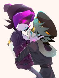 Rule 34 | 1boy, 1girl, about to kiss, blush, coat, fang, glitch productions, hat, highres, hug, murder drones, n (murder drones), purple eyes, purple hair, robot, size difference, teeth, uzi (murder drones)