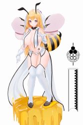Rule 34 | 1girl, anizi, antennae, arthropod girl, bare shoulders, bee girl, black footwear, blonde hair, breasts, closed mouth, collarbone, commentary request, copyright request, dress, full body, garter belt, gloves, grey background, high heels, highres, honey, huge breasts, insect girl, large breasts, leaning forward, long hair, looking at viewer, monster girl, navel, original, simple background, standing, thighhighs, wedding dress, white gloves, white thighhighs, wings