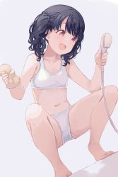 Rule 34 | 1girl, armpits, bad id, bad twitter id, bare arms, bare legs, bare shoulders, barefoot, bathroom, black hair, bra, collarbone, commentary request, dutch angle, feet, female focus, fingernails, flat chest, fukumaru koito, happy, head tilt, highres, hiroki (yyqw7151), holding, idolmaster, idolmaster shiny colors, indoors, legs, legs apart, long hair, looking to the side, midriff, namco, navel, open mouth, panties, purple eyes, short twintails, shower head, simple background, smile, solo, sponge, spread legs, squatting, stomach, thighs, toenails, toes, training bra, twintails, underwear, underwear only, unworn clothes, wavy hair, white background, white bra, white panties