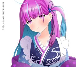Rule 34 | 1girl, closed mouth, colored inner hair, frilled kimono, frills, hair ornament, hololive, houshou tamaki, japanese clothes, kimono, long hair, looking at viewer, minato aqua, minato aqua (new year), multicolored hair, pink eyes, side ponytail, smile, solo, virtual youtuber, white background
