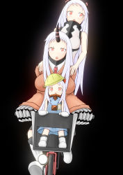 Rule 34 | 10s, 3girls, abyssal ship, airfield princess, alternate costume, bicycle, claws, commentary request, hat, highres, horns, kantai collection, kindergarten uniform, long hair, mittens, multiple girls, northern ocean princess, pale skin, red eyes, riding, school uniform, seaport princess, susa, white hair