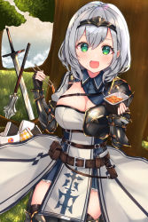 Rule 34 | 1girl, armor, belt, belt buckle, black armor, black gloves, blush, braid, breasts, buckle, chopsticks, circlet, cleavage, cleavage cutout, clothing cutout, eating, fingerless gloves, food, gloves, gold trim, grass, green eyes, hair between eyes, highres, holding, holding chopsticks, hololive, large breasts, looking at viewer, mace, mi taro333, mole, mole on breast, open mouth, outdoors, shirogane noel, shirogane noel (1st costume), shoulder armor, solo, sword, tree, utility belt, virtual youtuber, weapon, white hair, wrist guards