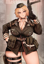 Rule 34 | 1girl, ammunition pouch, black gloves, black hat, black jacket, black skirt, blonde hair, breasts, brown eyes, canteen, cleavage, collar, commentary, cowboy shot, cross, dog tags, garrison cap, girls&#039; frontline, gloves, gun, hand on own hip, hand up, hat, highres, holding, holding weapon, huge breasts, iron cross, jacket, medium hair, military uniform, mp40, mp40 (girls&#039; frontline), parted lips, pouch, shirt, skirt, smile, solo, submachine gun, thigh strap, thighs, uni (oni unicorn), uniform, weapon, white shirt