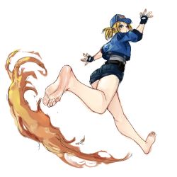 Rule 34 | 1girl, artist request, ass, blonde hair, blue eyes, capcom, feet, female focus, final fight, final fight 3, fingerless gloves, fire, foot focus, gloves, hat, legs, looking back, lucia morgan, police, police uniform, policewoman, ponytail, shorts, soles, solo, street fighter, street fighter v, thighs, toes, uniform