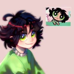 Rule 34 | 1girl, black hair, bright pupils, buttercup (ppg), buttercup redraw challenge (meme), derivative work, green eyes, green pajamas, highres, looking at viewer, meme, messy hair, nebannielyn, pajamas, pink background, powerpuff girls, reference inset, screenshot inset, screenshot redraw, shadow, simple background, smile, solo, upper body, white pupils