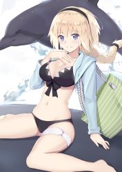 Rule 34 | 1girl, animal, bad id, bad pixiv id, bag, barefoot, bikini, black bikini, blonde hair, blue eyes, blue jacket, blush, braid, breasts, cleavage, closed mouth, collarbone, commentary request, dolphin, fate/apocrypha, fate/grand order, fate (series), front-tie bikini top, front-tie top, hair between eyes, hand up, highres, hood, hood down, hooded jacket, jacket, jeanne d&#039;arc (fate), jeanne d&#039;arc (ruler) (fate), jeanne d&#039;arc (swimsuit archer) (fate), jeanne d&#039;arc (swimsuit archer) (first ascension) (fate), jilu, long hair, long sleeves, medium breasts, navel, open clothes, open jacket, single braid, sitting, smile, solo, swimsuit, very long hair, wariza
