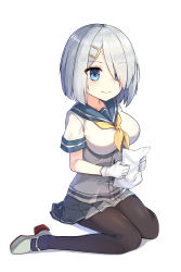 Rule 34 | 10s, 1girl, black pantyhose, blue eyes, breasts, buttons, eyes visible through hair, full body, ginon (sjyh3466), gloves, grey skirt, hair ornament, hair over one eye, hairclip, hamakaze (kancolle), highres, holding, holding paper, kantai collection, large breasts, looking at viewer, md5 mismatch, neckerchief, pantyhose, paper, pleated skirt, resolution mismatch, school uniform, serafuku, shoes, short hair, short sleeves, silver hair, simple background, sitting, skirt, smile, solo, source larger, wariza, white background, white gloves, yellow neckerchief