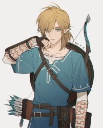 Rule 34 | 1boy, arm guards, arrow (projectile), belt, belt buckle, blonde hair, blue eyes, blue tunic, bow (weapon), buckle, cowboy shot, earrings, fingerless gloves, gloves, grey background, hair between eyes, jewelry, link, long sleeves, looking at viewer, low ponytail, male focus, medium hair, nintendo, pointy ears, quiver, renjian shilian, shield, shield on back, shirt, shoulder belt, sidelocks, solo, standing, the legend of zelda, the legend of zelda: breath of the wild, weapon, weapon on back, white shirt, wiping face