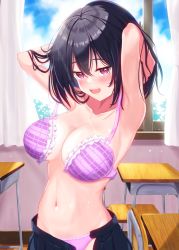 Rule 34 | 1girl, armpits, arms up, black hair, black skirt, bra, breasts, chair, classroom, cleavage, collarbone, commentary request, cotolet33, curtains, day, desk, hair between eyes, hand in own hair, highres, indoors, large breasts, looking at viewer, navel, open clothes, open mouth, open skirt, original, plaid, plaid bra, pleated skirt, purple bra, purple thighhighs, red eyes, school chair, school desk, sideboob, skirt, solo, stomach, teeth, thighhighs, underwear, upper teeth only, window