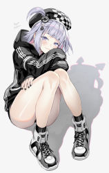 Rule 34 | 1girl, arms on knees, ass, banned artist, beret, black hat, black hoodie, checkered clothes, checkered headwear, closed mouth, crossed arms, earrings, full body, grey eyes, grey hair, hair ornament, hat, highres, hood, hoodie, jewelry, knees up, long sleeves, looking at viewer, midori foo, nail polish, one side up, original, shadow, shoes, short hair, signature, simple background, sitting, sneakers, solo, thighs, white background