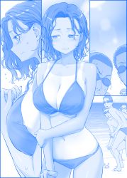 Rule 34 | 1girl, 3boys, beach, bikini, blue theme, blush, breasts, cleavage cutout, clenched teeth, clothing cutout, comic, commentary, cowboy shot, curly hair, embarrassed, flying sweatdrops, getsuyoubi no tawawa, goggles, himura kiseki, large breasts, monochrome, multiple boys, navel, o-ring, o-ring bikini, o-ring bottom, o-ring top, one-piece tan, outdoors, short hair, sideways mouth, silent comic, solo focus, string bikini, sweatdrop, swimsuit, tan, tanline, teeth, wavy mouth