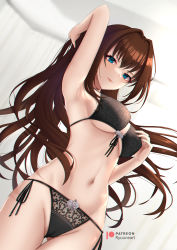Rule 34 | 1girl, absurdres, aozaki aoko, arm up, armlet, armpits, black bra, black panties, black sleeves, blue eyes, blurry, blurry background, bra, bracelet, breasts, brown hair, closed mouth, commentary, commission, cowboy shot, dutch angle, english commentary, expressionless, floating hair, front-tie top, gluteal fold, groin, hair intakes, highres, jewelry, large breasts, long hair, looking at viewer, mahou tsukai no yoru, navel, panties, patreon username, ryuuneart, side-tie panties, solo, stomach, straight hair, thigh gap, thighs, underboob, underwear